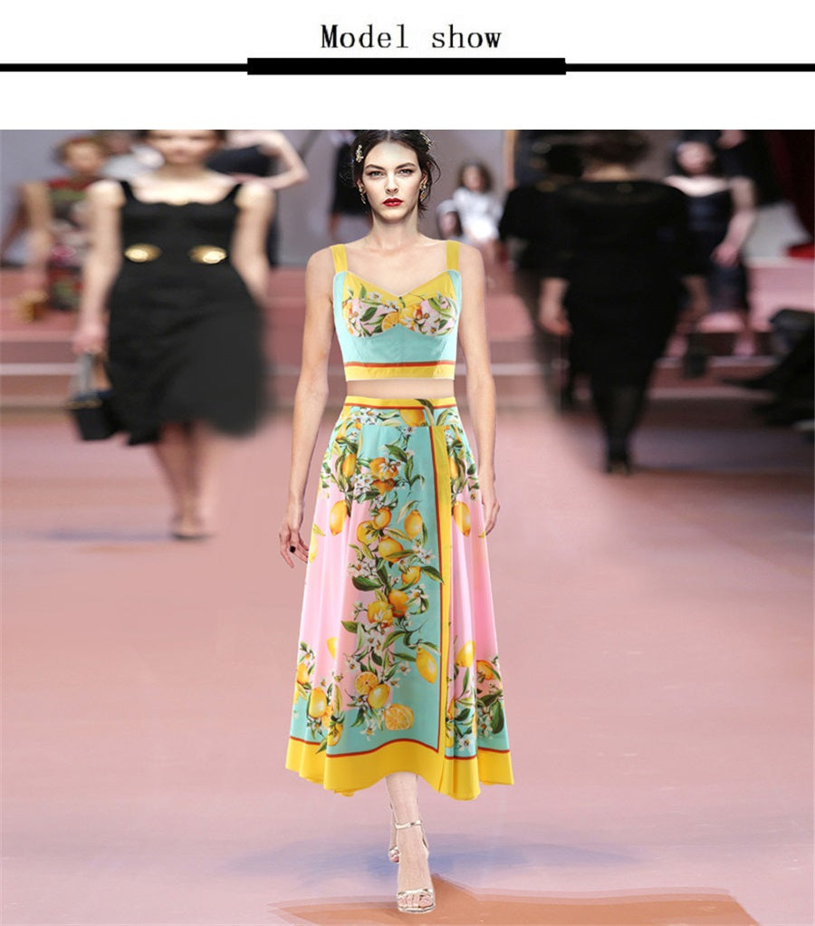 woman long skirt satin 3D lemon print high waist women pleated skirt y2k clothes New fashion corset vest suit bra