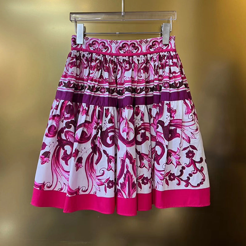 Summer Fashion Designer Vintage Cotton Half Skirt Women Blue And White Porcelain Printing Regular Waist Versatile Skirt