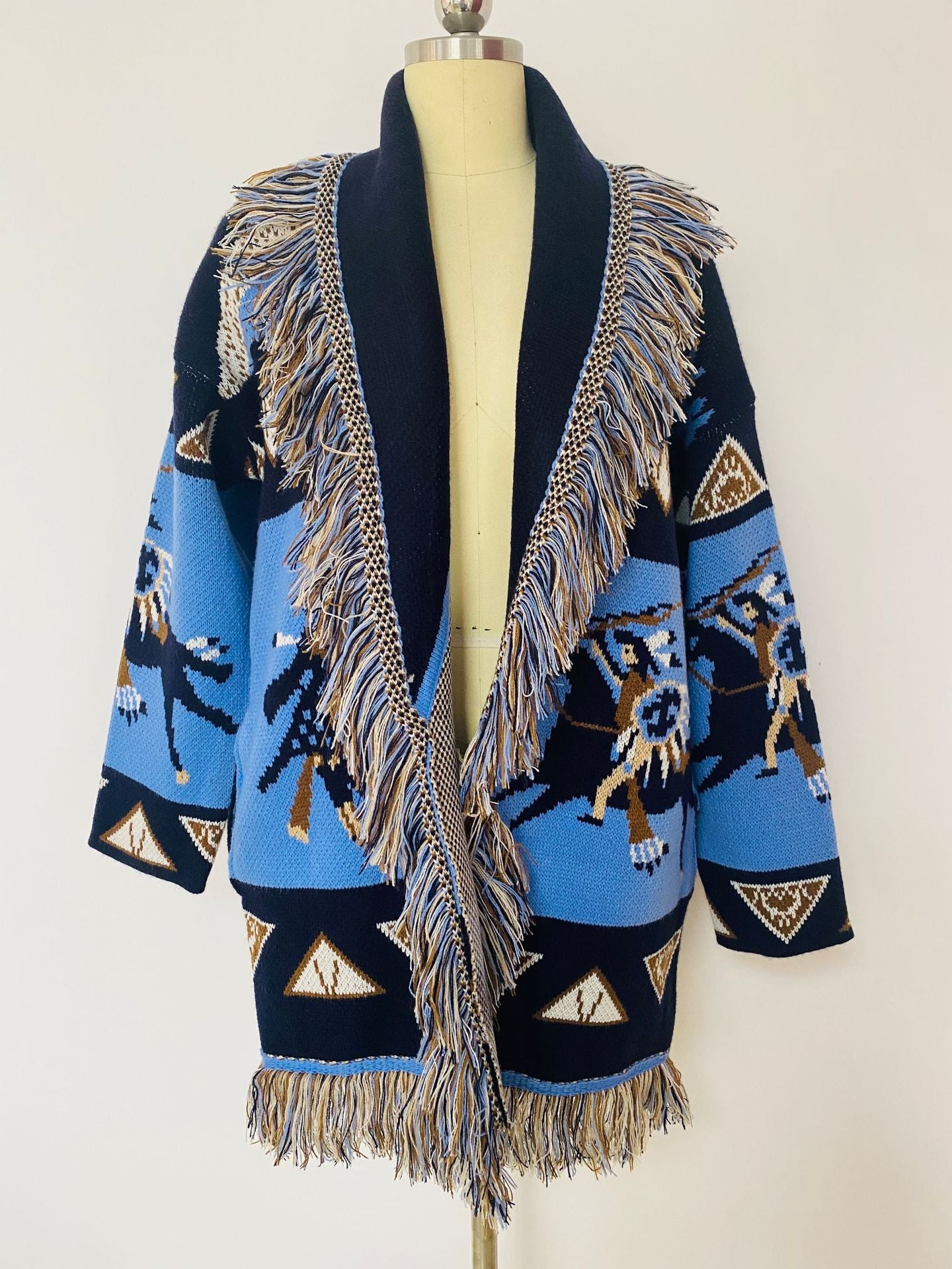 Blue Icon Jacquard Women Cardigan With Fringes Oversize