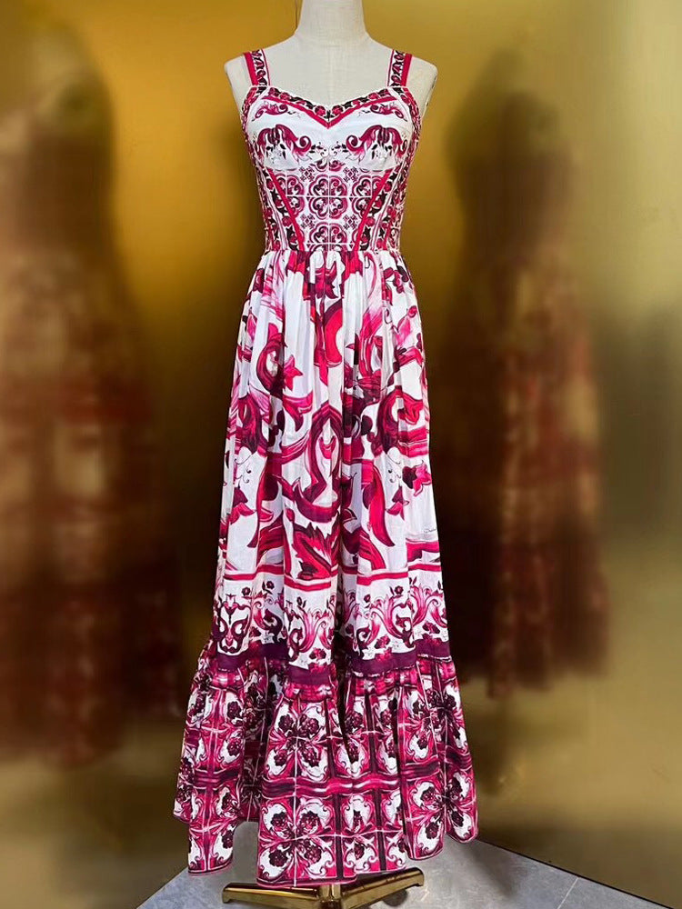 Fashion Runway Summer Women Cotton Midi Dress Spaghetti Strap Printing High Waist Big Swing Dresses 2023