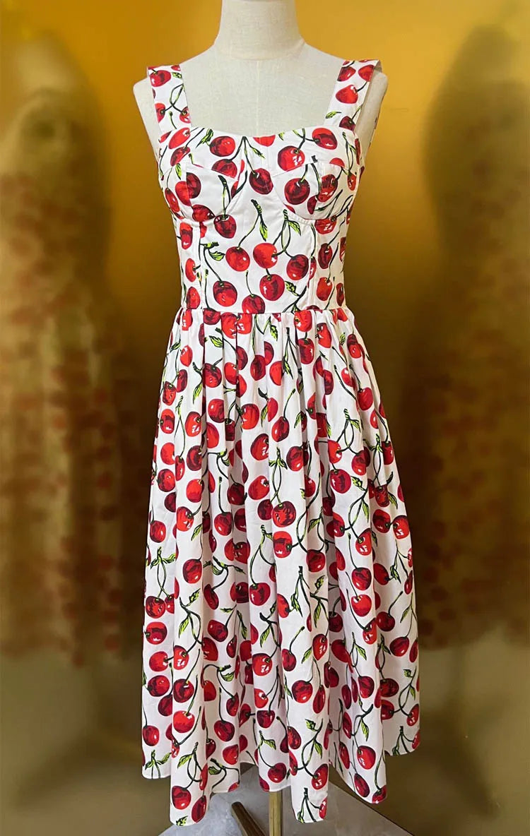 Fashion Designer Summer High Quality Cotton Women Bustier Cherry Print Midi Dress With Spaghetti Strap For Party Vacation