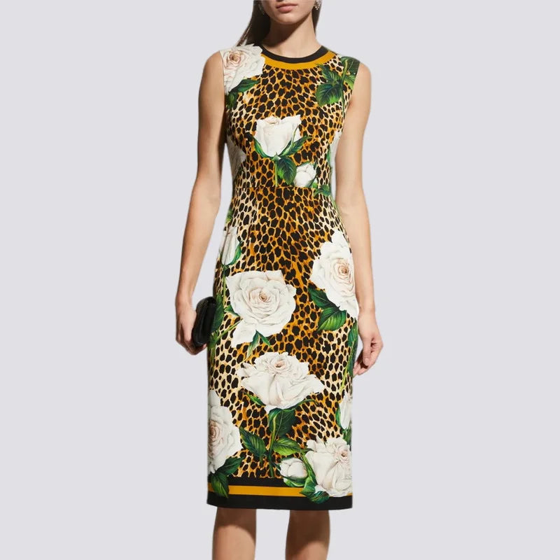 High Quality Designer Inspired Women Leopard&Rose Print SILK Midi Dress