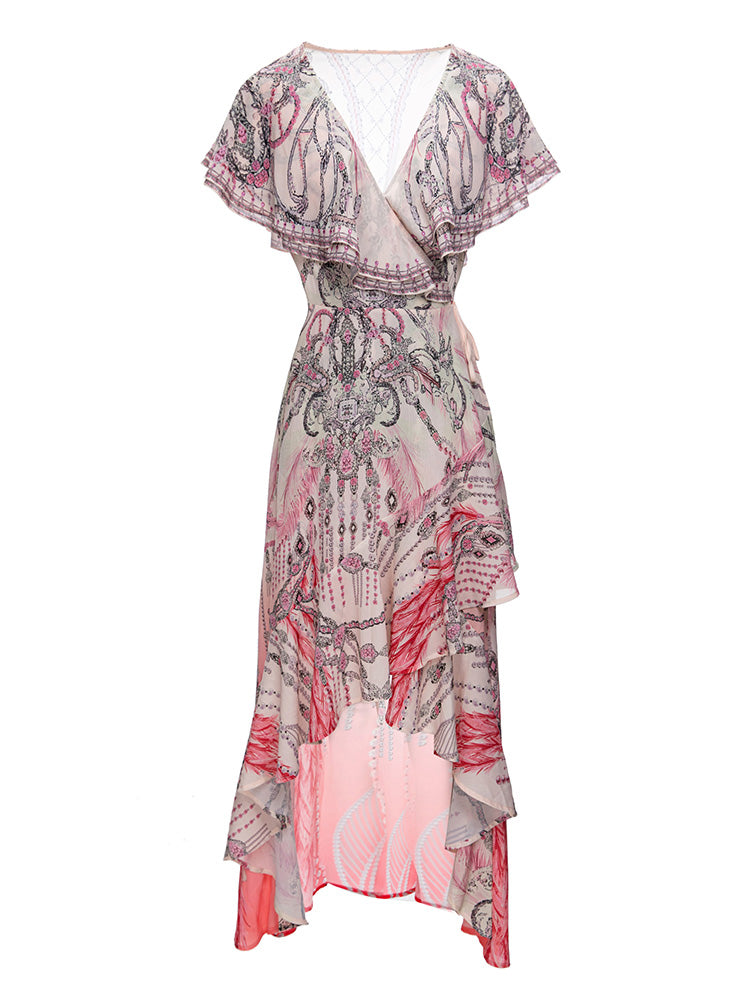 Summer New Style Vintage Dress Women Ruffled High Waist Slim Fit Extravagant Nail Bead Print Dissymmetry Dress