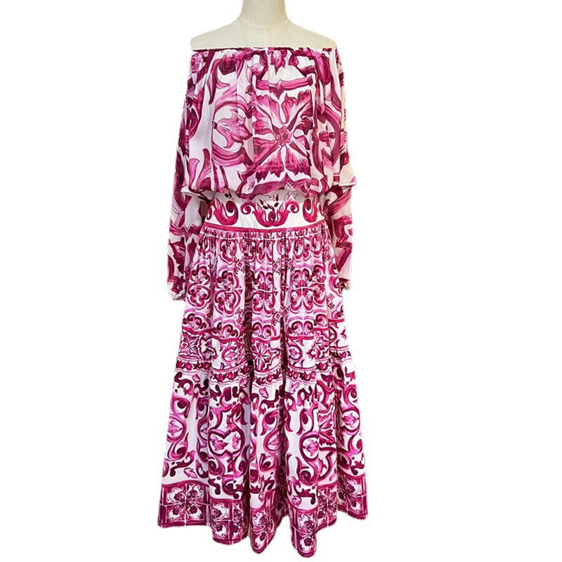 HIGH QUALITY Luxury Fashion Women Off-Shoulder Silk blouse and Cotton Maxi Skirt Summer Set For Female 2023