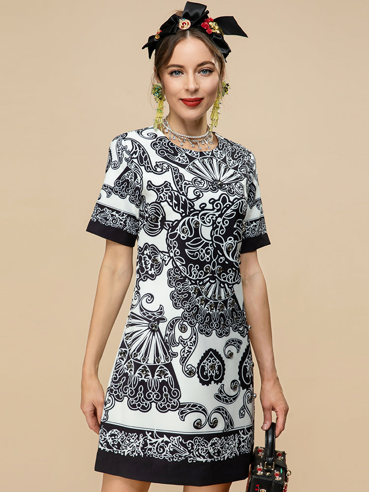 Fashion Runway Summer Mini Dress Women's Short sleeve Diamond Beads Print Loose Vintage Party Short Dress