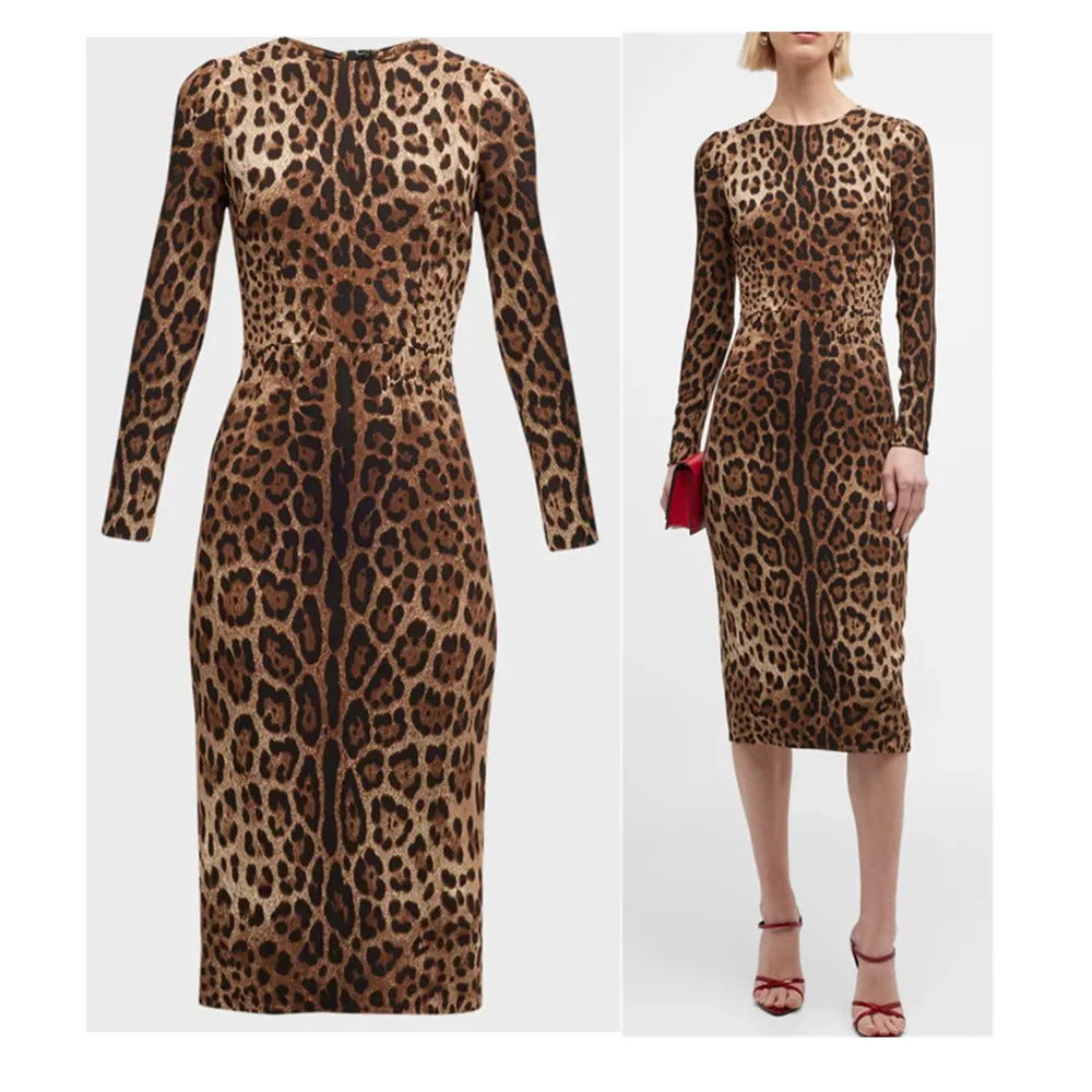 HIGH QUALITY Designer Women Leopard Print Silk Midi Dress With Long Sleeve