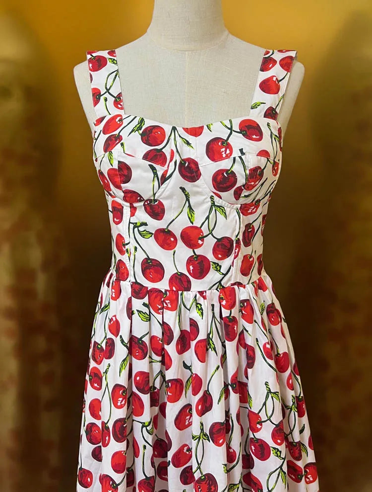 Fashion Designer Summer High Quality Cotton Women Bustier Cherry Print Midi Dress With Spaghetti Strap For Party Vacation