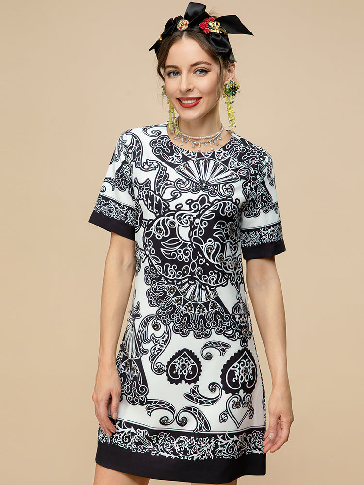 Fashion Runway Summer Mini Dress Women's Short sleeve Diamond Beads Print Loose Vintage Party Short Dress
