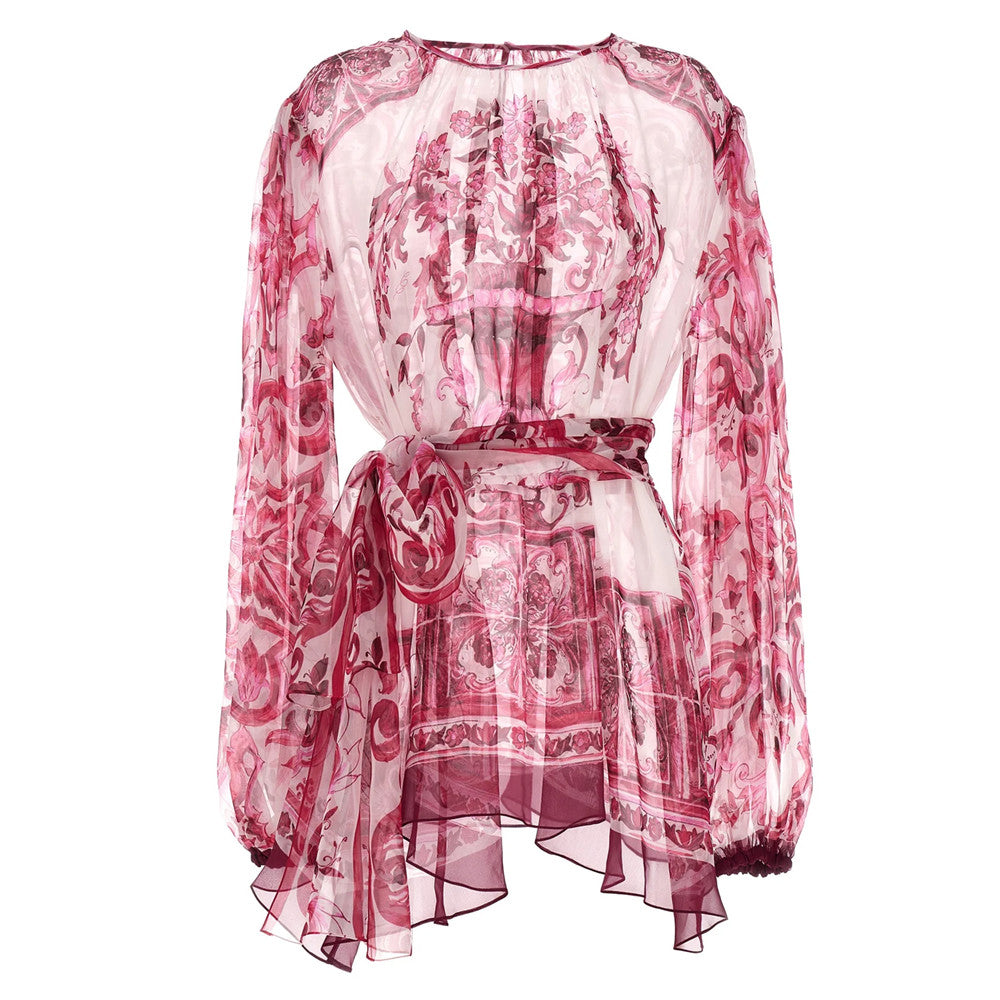 High Quality Luxury Women Porcelain Print Belted 100% Silk Blouse In Red Big Size Runway Fashion