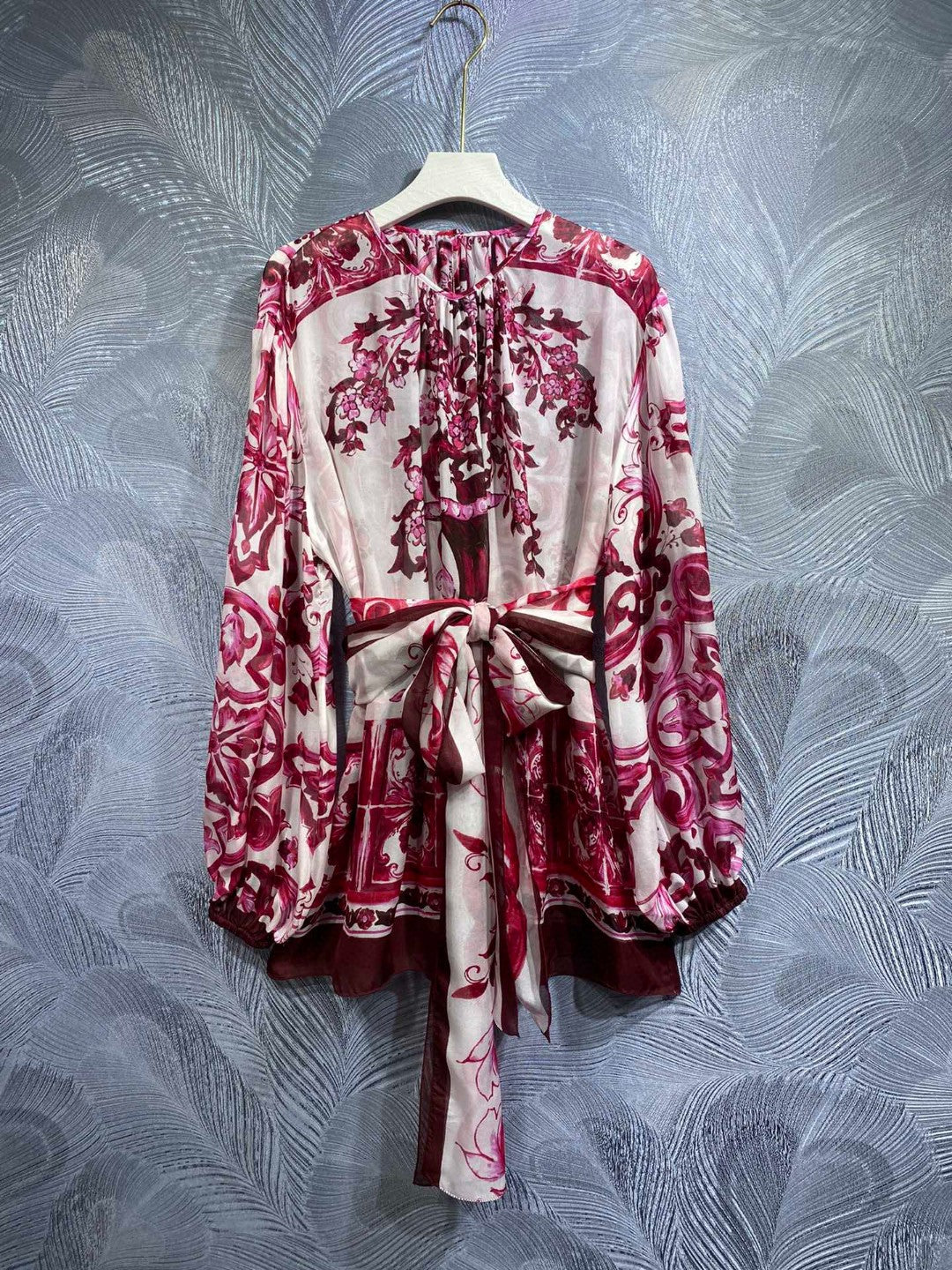 High Quality Luxury Women Porcelain Print Belted 100% Silk Blouse In Red Big Size Runway Fashion