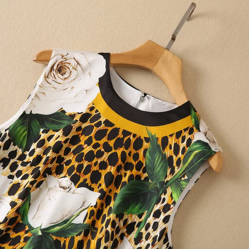 High Quality Designer Inspired Women Leopard&Rose Print SILK Midi Dress
