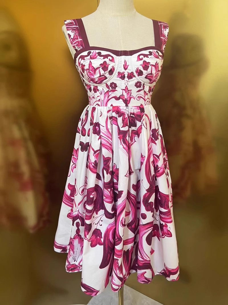 Fashion Designer Summer 100% Cotton Dress Women Spaghetti Strap Sleeveless Flowers Print Vacation Backless Mini Dress