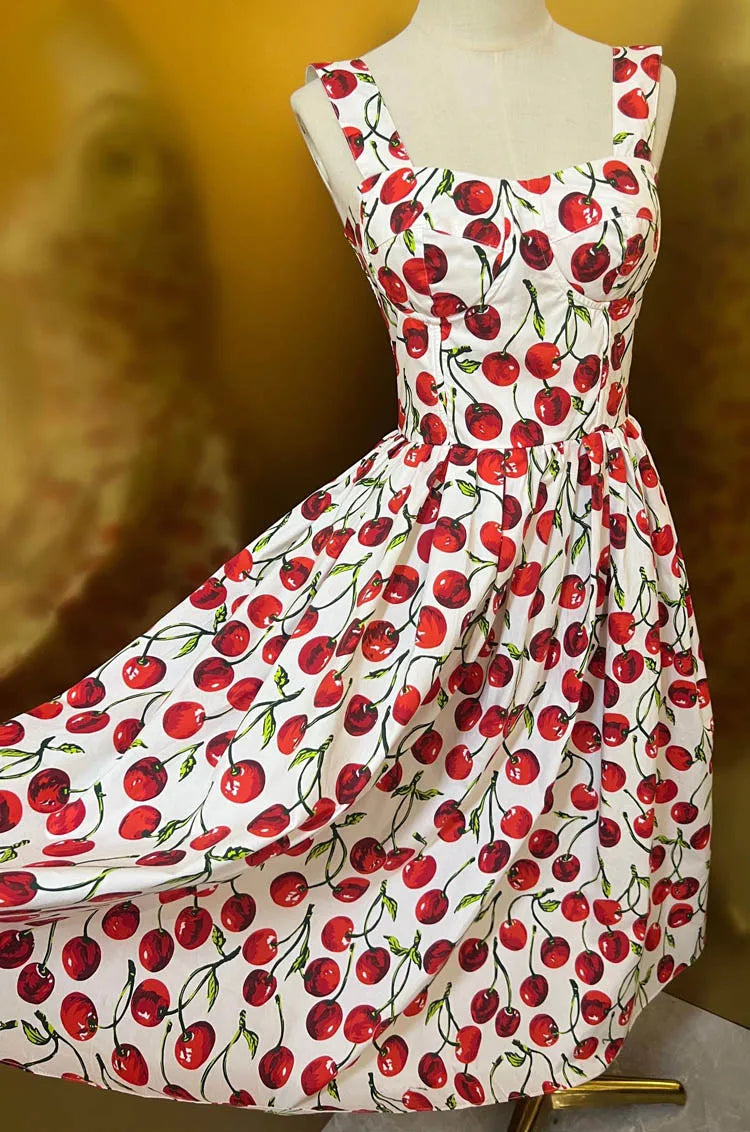 Fashion Designer Summer High Quality Cotton Women Bustier Cherry Print Midi Dress With Spaghetti Strap For Party Vacation