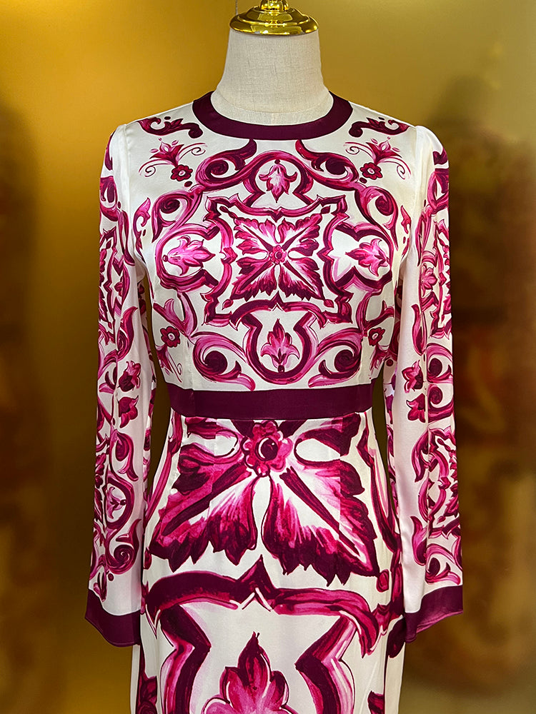 Fashion Designer Spring Summer Silk Pencil Dress Women O-Neck Long Sleeve Flowers Print Elegant Party Slim Dresses