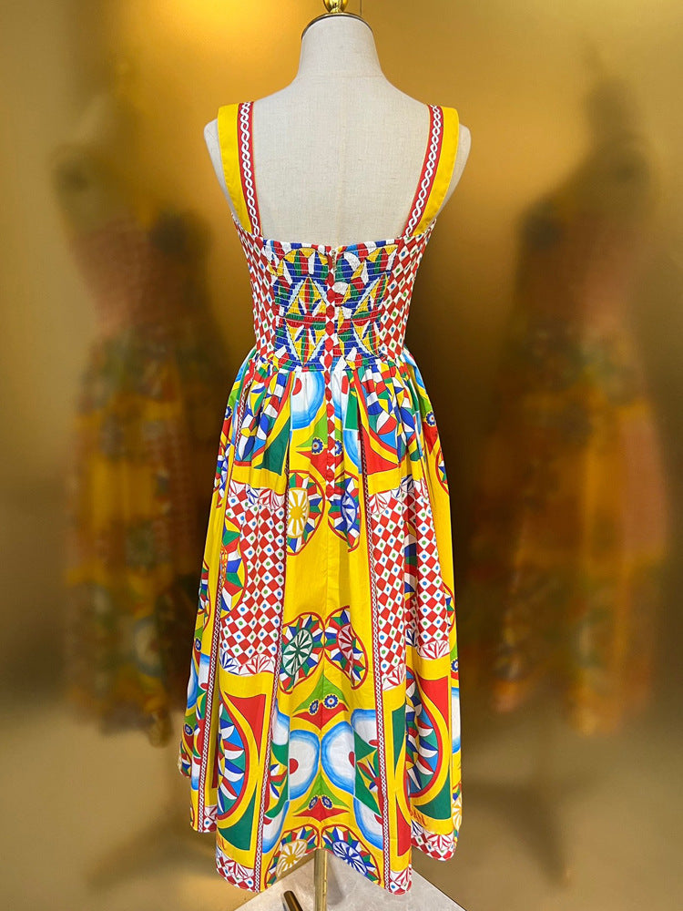 High Quality Designer Summer Beach Women's Bohemia Cotton Multicoloured Print Crumple Slim Fit Midi Dress