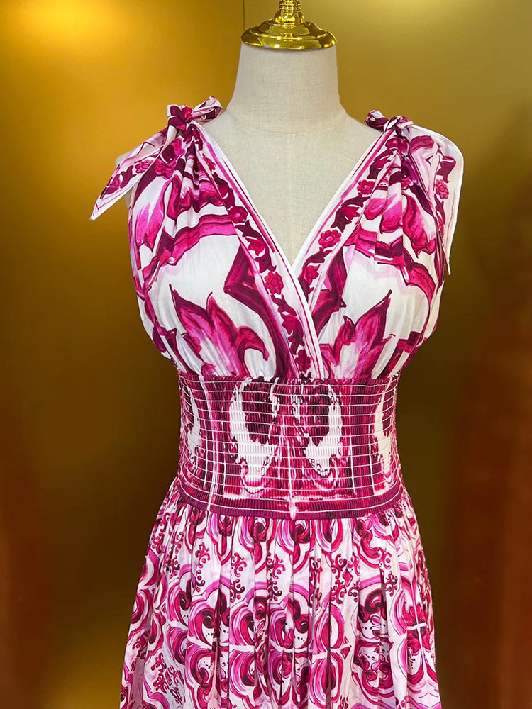 Fashion Designer Spring Summer Cotton Dress Women V-Neck Sleeveless Bow Flowers Print Vintage Elastic Waist Dresses