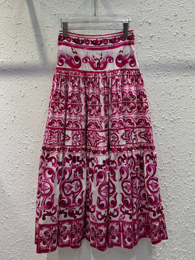 Fashion Designer Summer 100% Cotton Skirts High Waist Flower Print Vintage Long Skirts