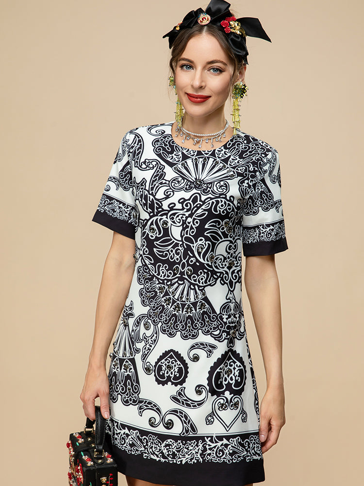 Fashion Runway Summer Mini Dress Women's Short sleeve Diamond Beads Print Loose Vintage Party Short Dress