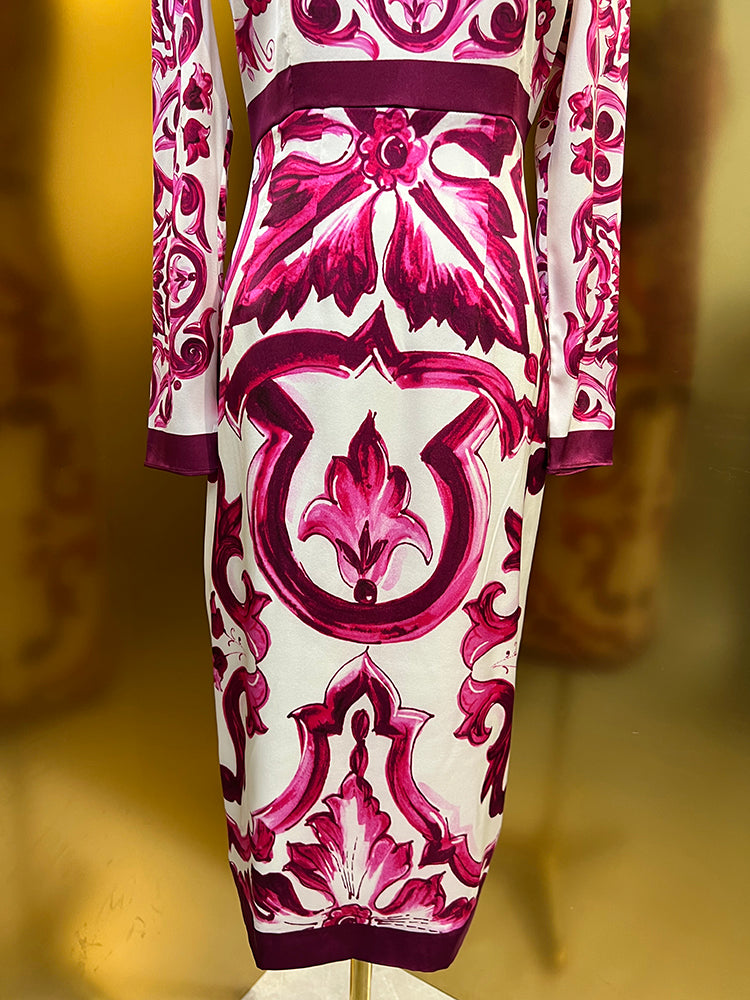 Fashion Designer Spring Summer Silk Pencil Dress Women O-Neck Long Sleeve Flowers Print Elegant Party Slim Dresses