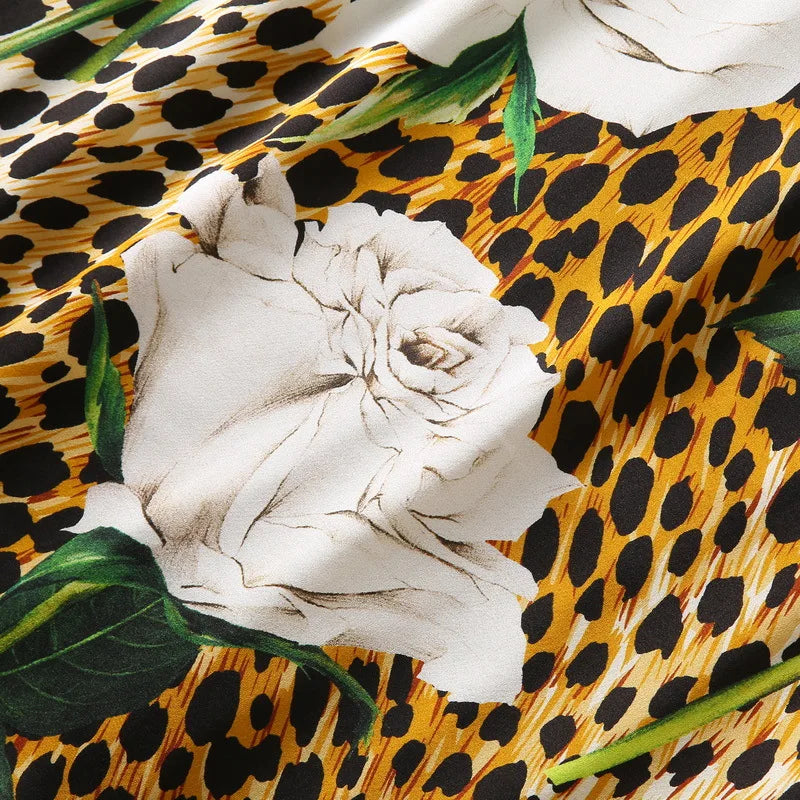 High Quality Designer Inspired Women Leopard&Rose Print SILK Midi Dress