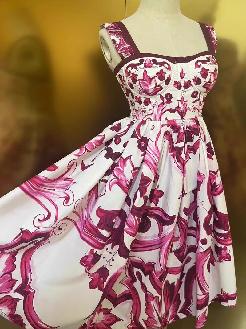 Fashion Designer Summer 100% Cotton Dress Women Spaghetti Strap Sleeveless Flowers Print Vacation Backless Mini Dress