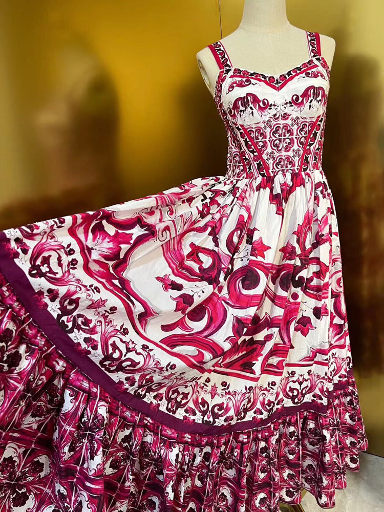 Fashion Runway Summer Women Cotton Midi Dress Spaghetti Strap Printing High Waist Big Swing Dresses 2023