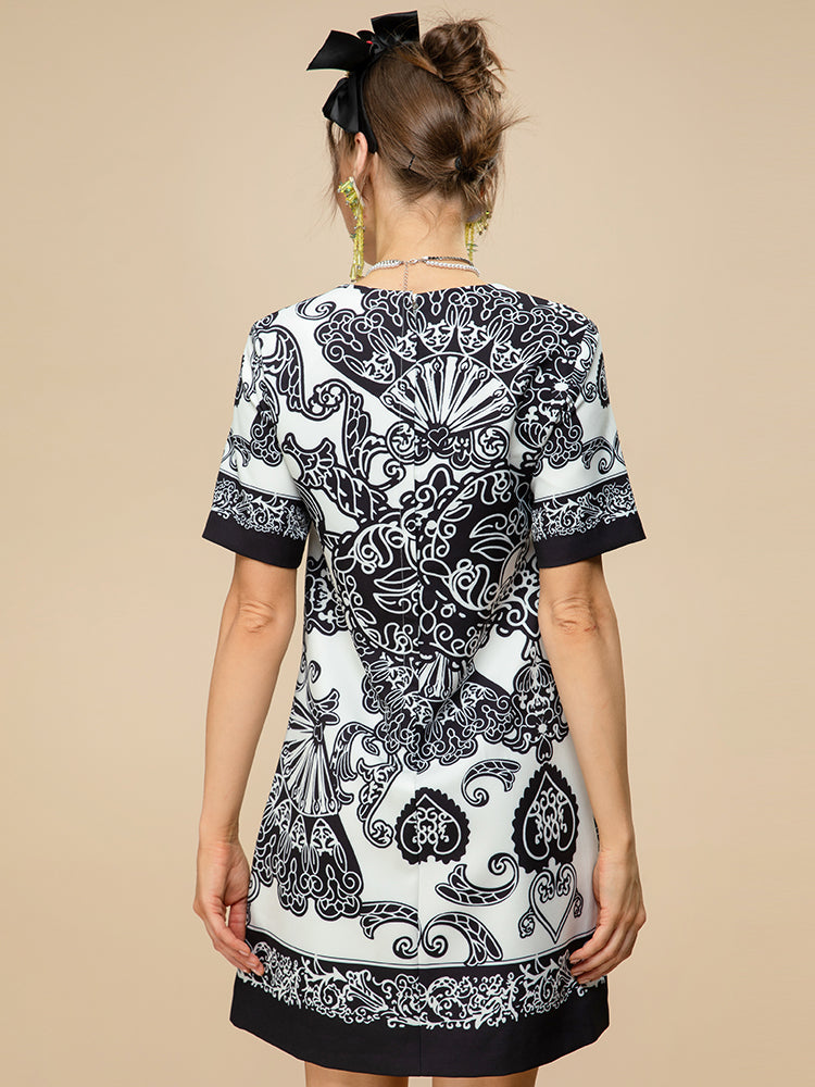 Fashion Runway Summer Mini Dress Women's Short sleeve Diamond Beads Print Loose Vintage Party Short Dress