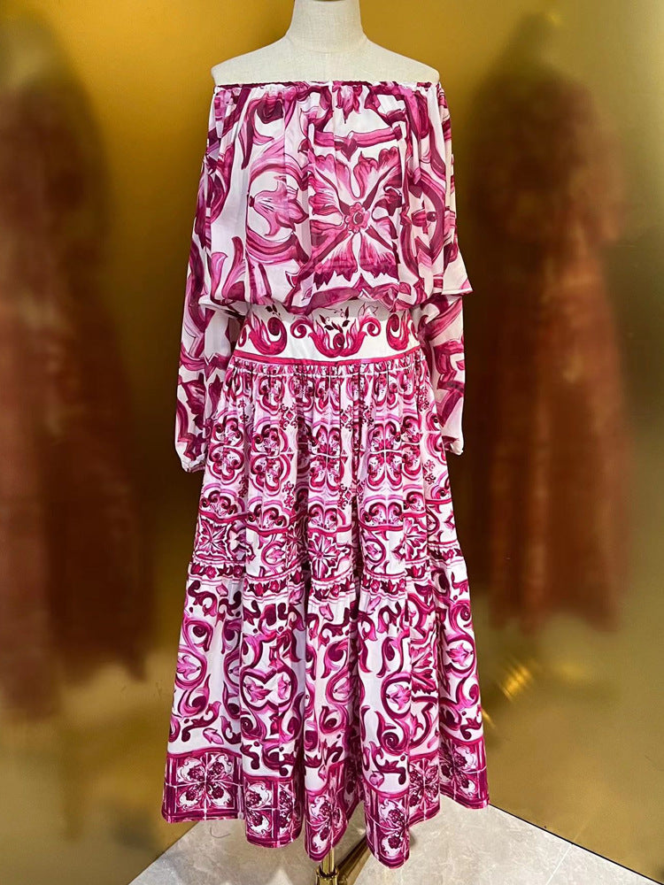 HIGH QUALITY Luxury Fashion Women Off-Shoulder Silk blouse and Cotton Maxi Skirt Summer Set For Female 2023