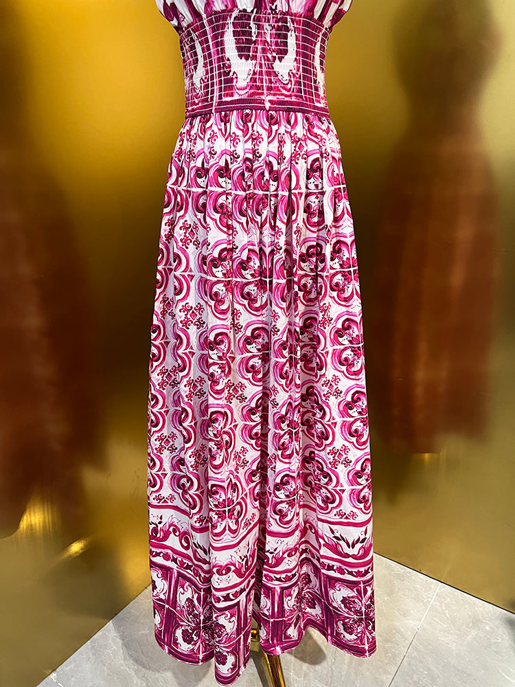 Fashion Designer Spring Summer Cotton Dress Women V-Neck Sleeveless Bow Flowers Print Vintage Elastic Waist Dresses