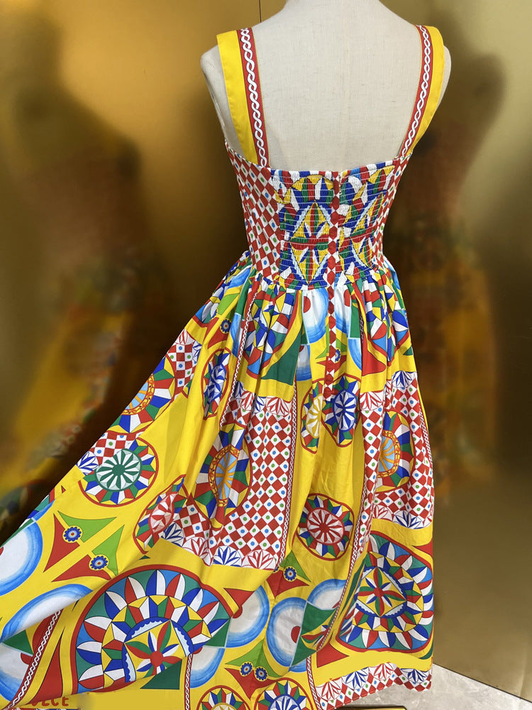 High Quality Designer Summer Beach Women's Bohemia Cotton Multicoloured Print Crumple Slim Fit Midi Dress