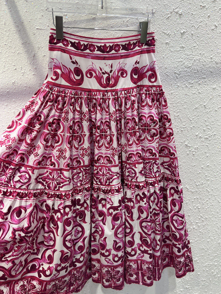 Fashion Designer Summer 100% Cotton Skirts High Waist Flower Print Vintage Long Skirts