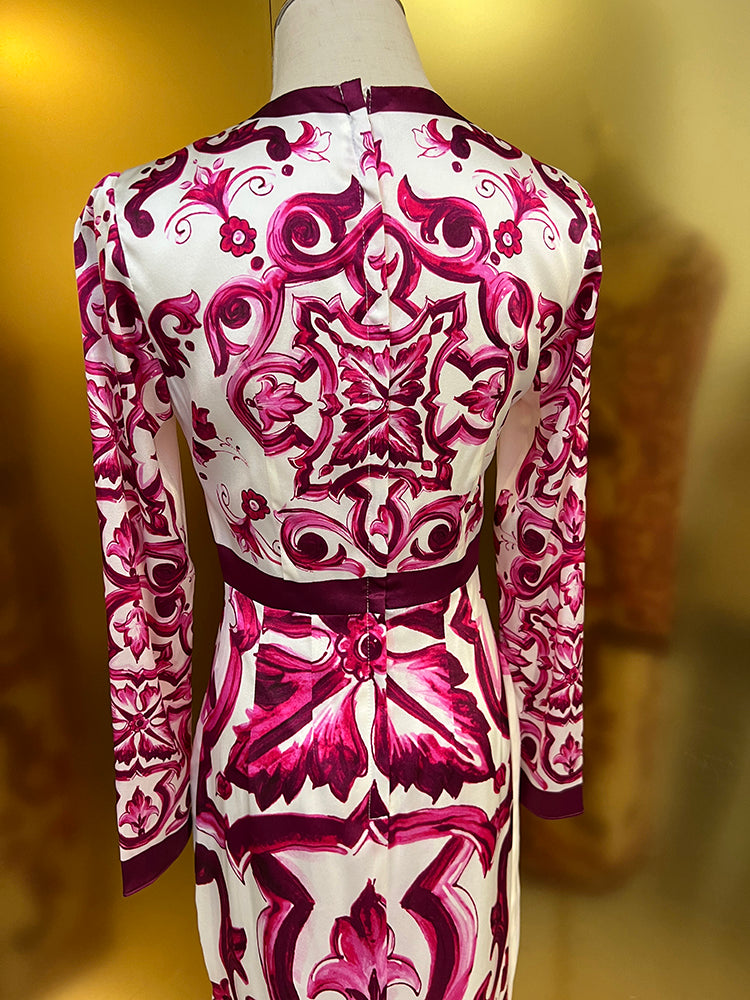Fashion Designer Spring Summer Silk Pencil Dress Women O-Neck Long Sleeve Flowers Print Elegant Party Slim Dresses