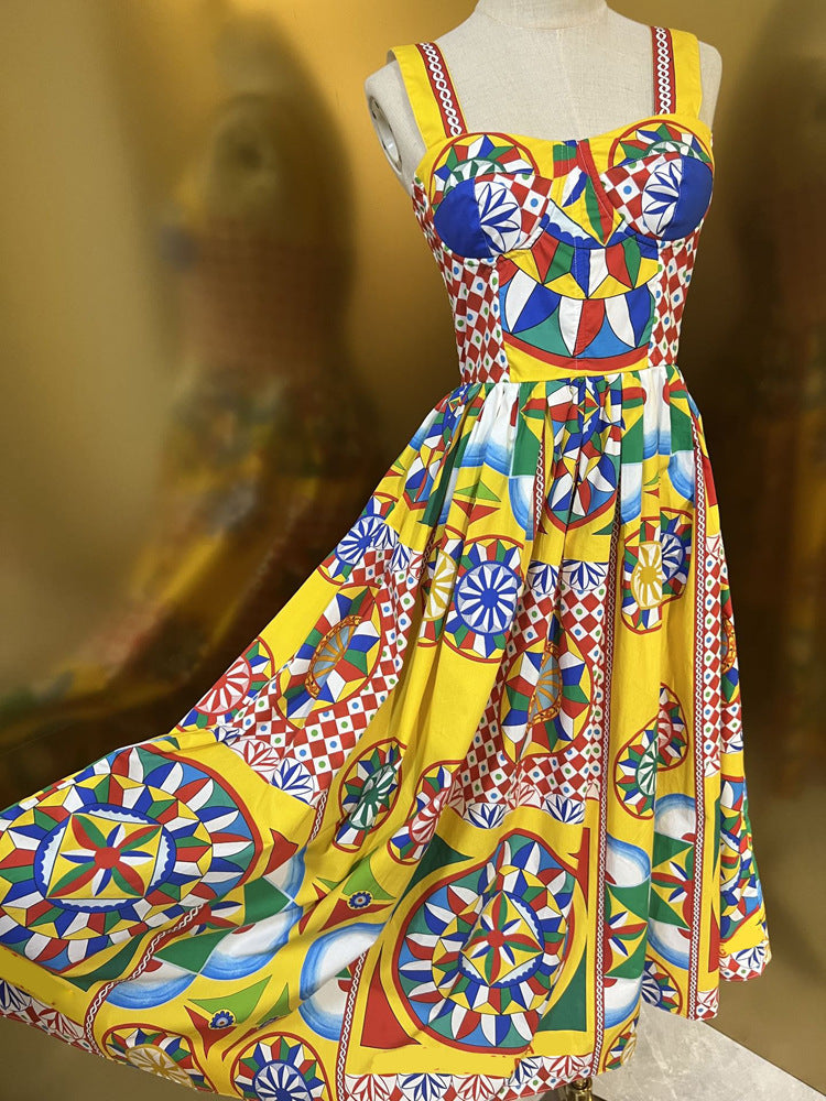 High Quality Designer Summer Beach Women's Bohemia Cotton Multicoloured Print Crumple Slim Fit Midi Dress