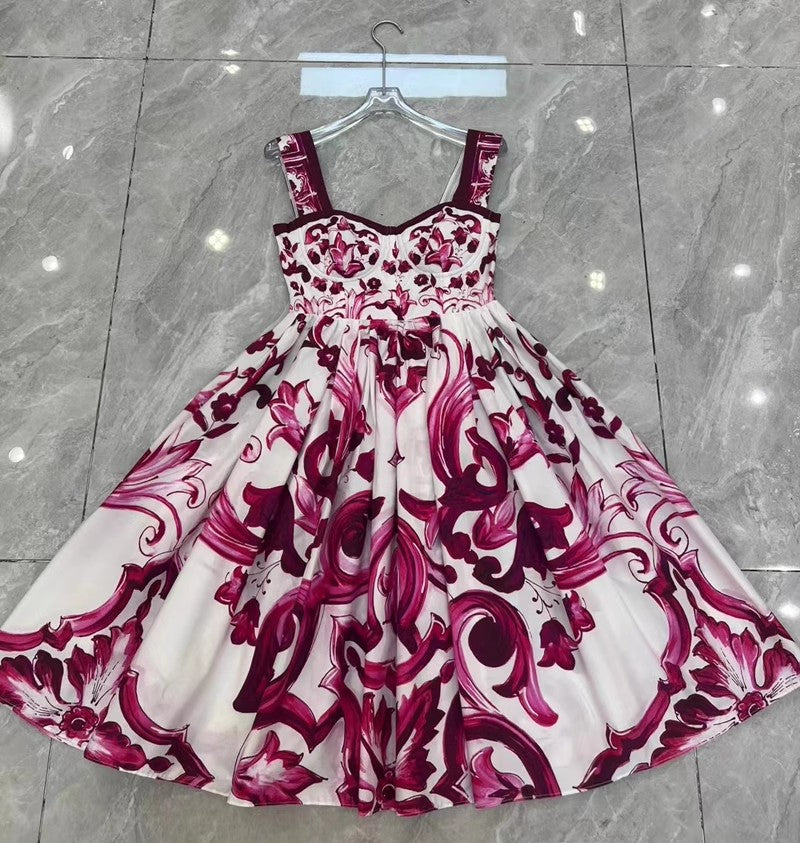 Fashion Designer Summer 100% Cotton Dress Women Spaghetti Strap Sleeveless Flowers Print Vacation Backless Mini Dress
