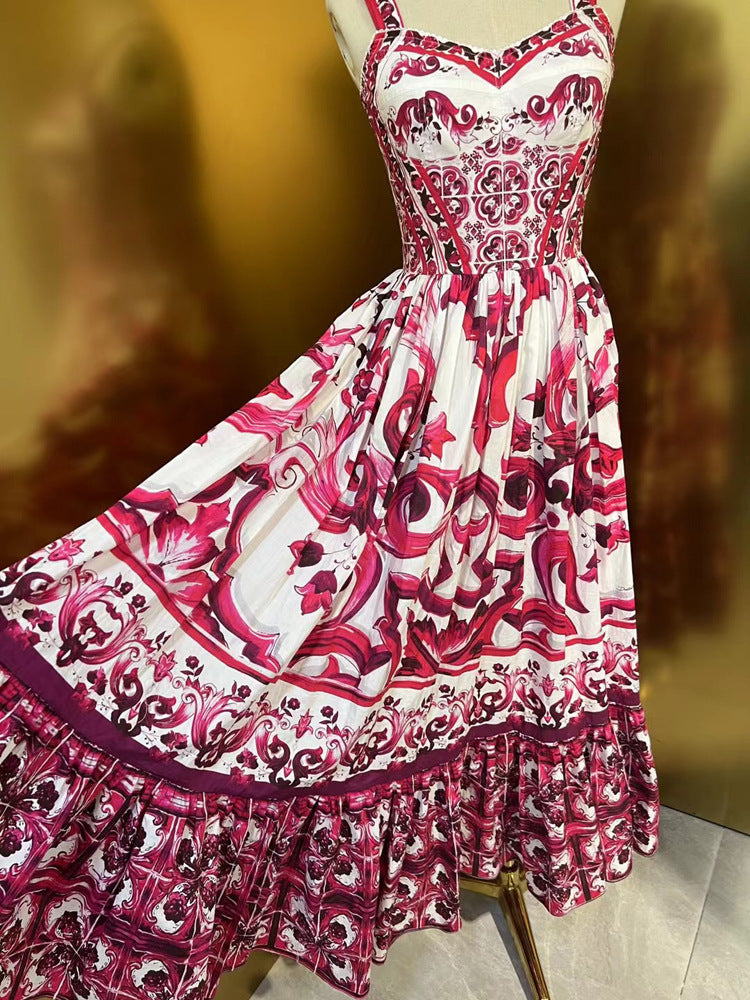 Fashion Runway Summer Women Cotton Midi Dress Spaghetti Strap Printing High Waist Big Swing Dresses 2023