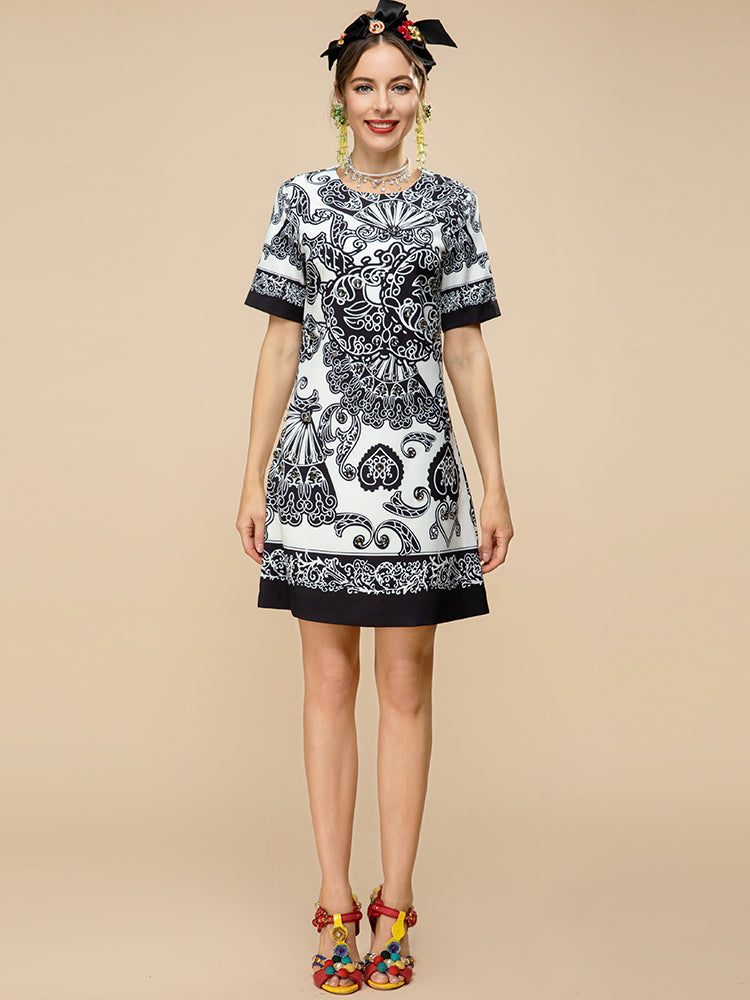 Fashion Runway Summer Mini Dress Women's Short sleeve Diamond Beads Print Loose Vintage Party Short Dress