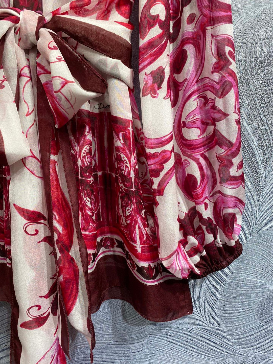 High Quality Luxury Women Porcelain Print Belted 100% Silk Blouse In Red Big Size Runway Fashion