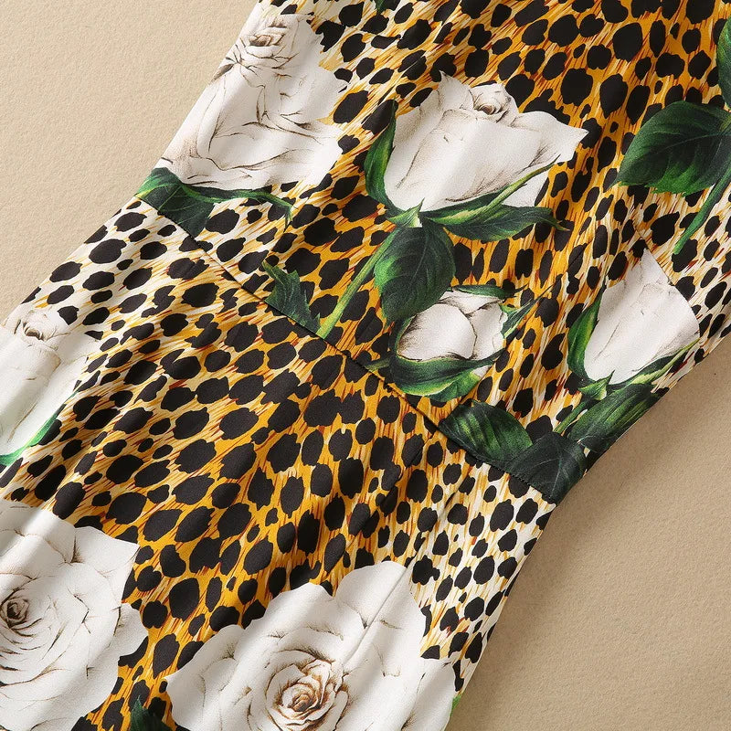 High Quality Designer Inspired Women Leopard&Rose Print SILK Midi Dress