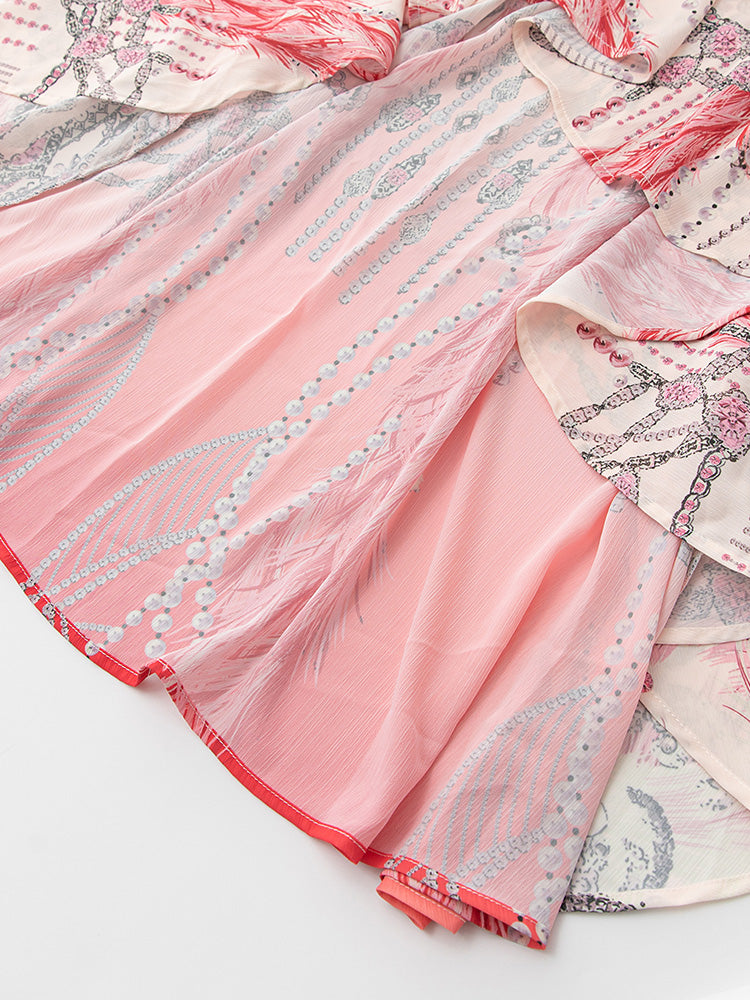 Summer New Style Vintage Dress Women Ruffled High Waist Slim Fit Extravagant Nail Bead Print Dissymmetry Dress
