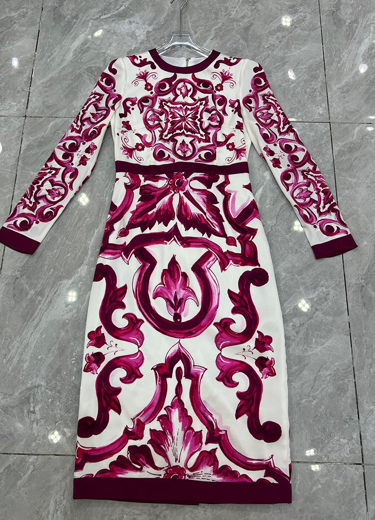 Summer Fashion Designer Vintage Cotton Dress Women O-neck Safflower Porcelain Printing Package Buttocks Slim Midi Dres