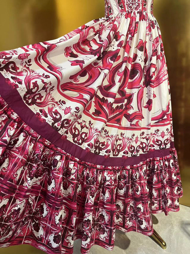 Fashion Runway Summer Women Cotton Midi Dress Spaghetti Strap Printing High Waist Big Swing Dresses 2023