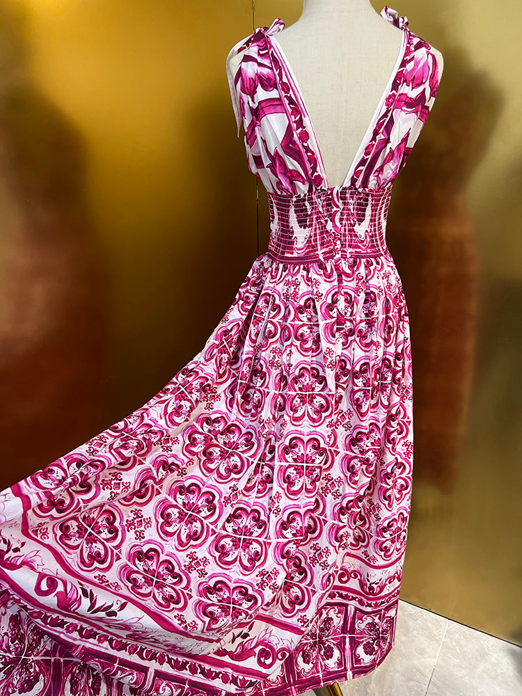 Fashion Designer Spring Summer Cotton Dress Women V-Neck Sleeveless Bow Flowers Print Vintage Elastic Waist Dresses