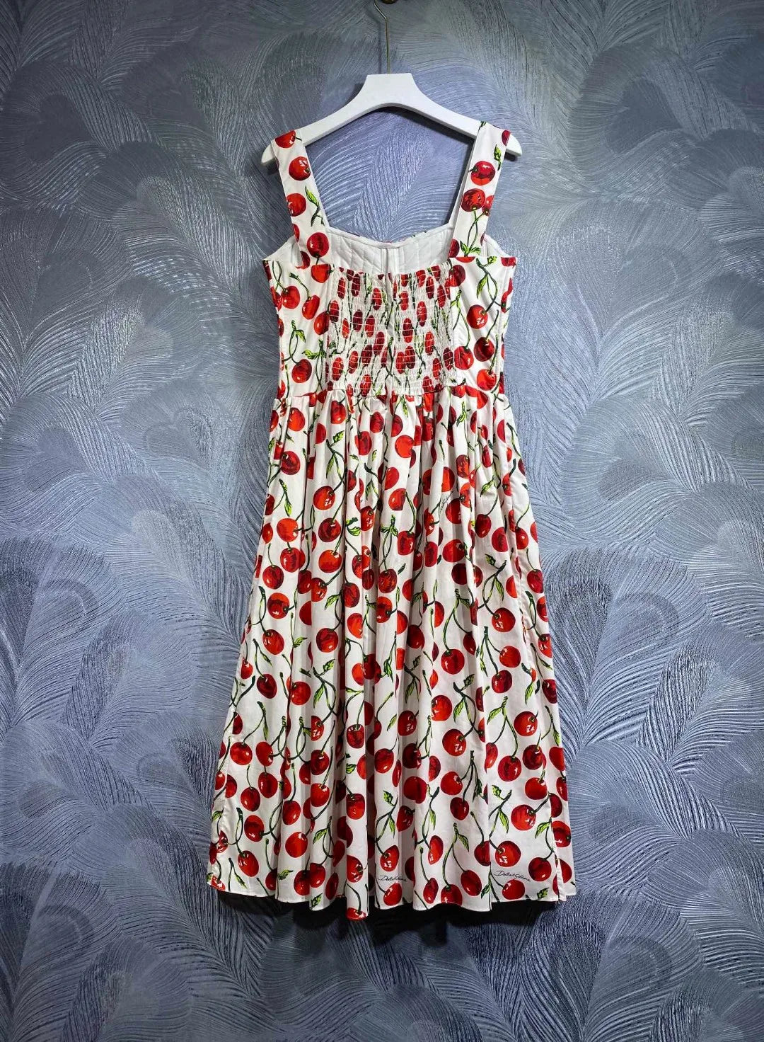 Fashion Designer Summer High Quality Cotton Women Bustier Cherry Print Midi Dress With Spaghetti Strap For Party Vacation