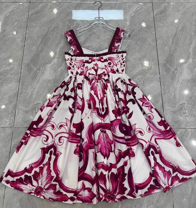 Fashion Designer Summer 100% Cotton Dress Women Spaghetti Strap Sleeveless Flowers Print Vacation Backless Mini Dress