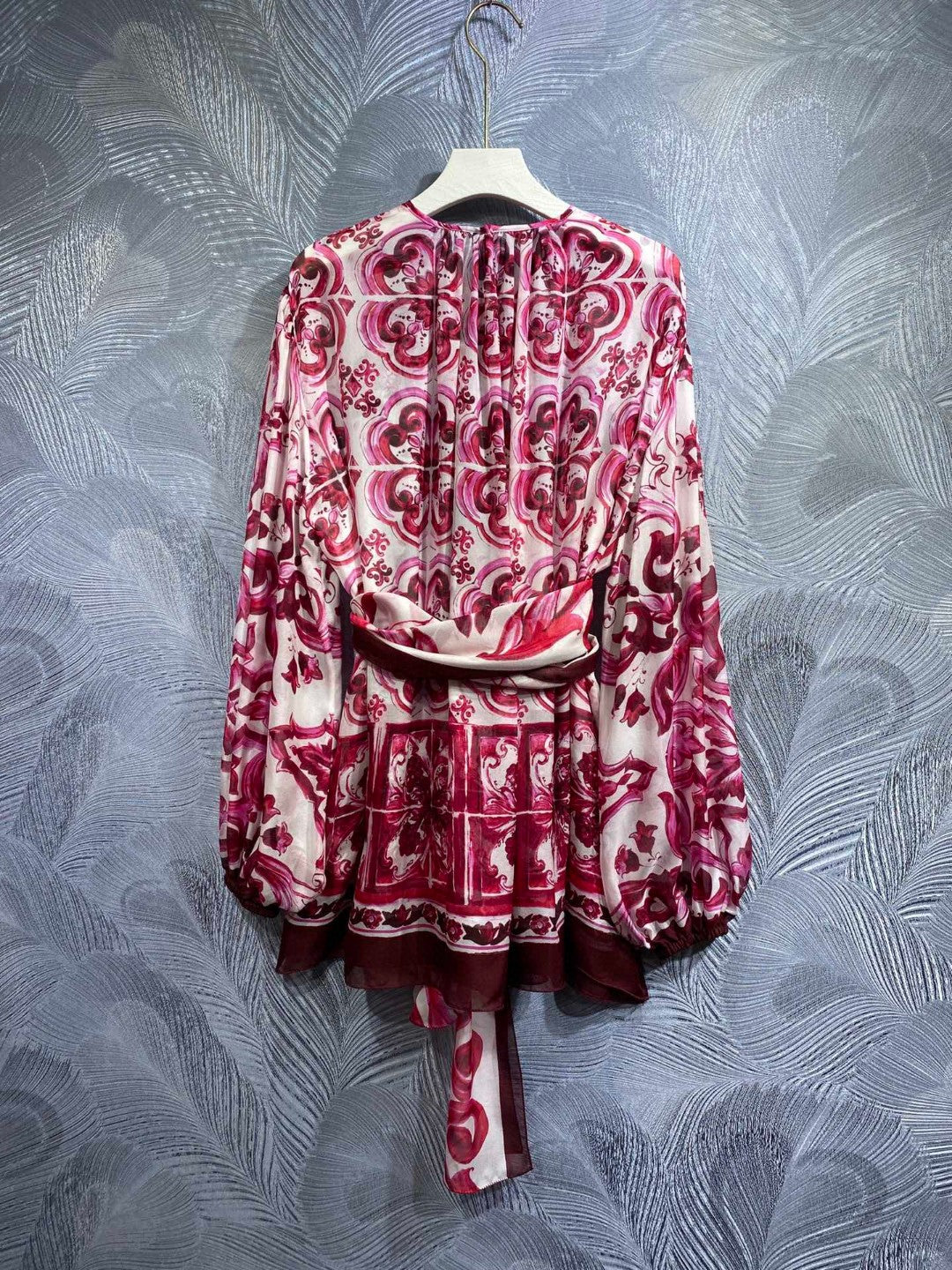High Quality Luxury Women Porcelain Print Belted 100% Silk Blouse In Red Big Size Runway Fashion