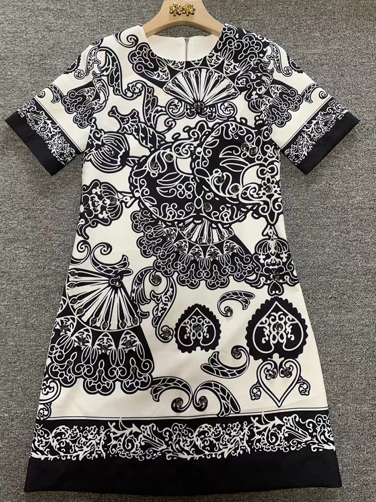 Fashion Runway Summer Mini Dress Women's Short sleeve Diamond Beads Print Loose Vintage Party Short Dress