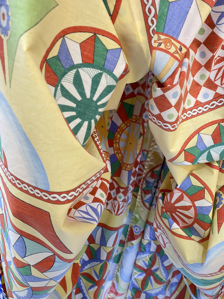High Quality Designer Summer Beach Women's Bohemia Cotton Multicoloured Print Crumple Slim Fit Midi Dress