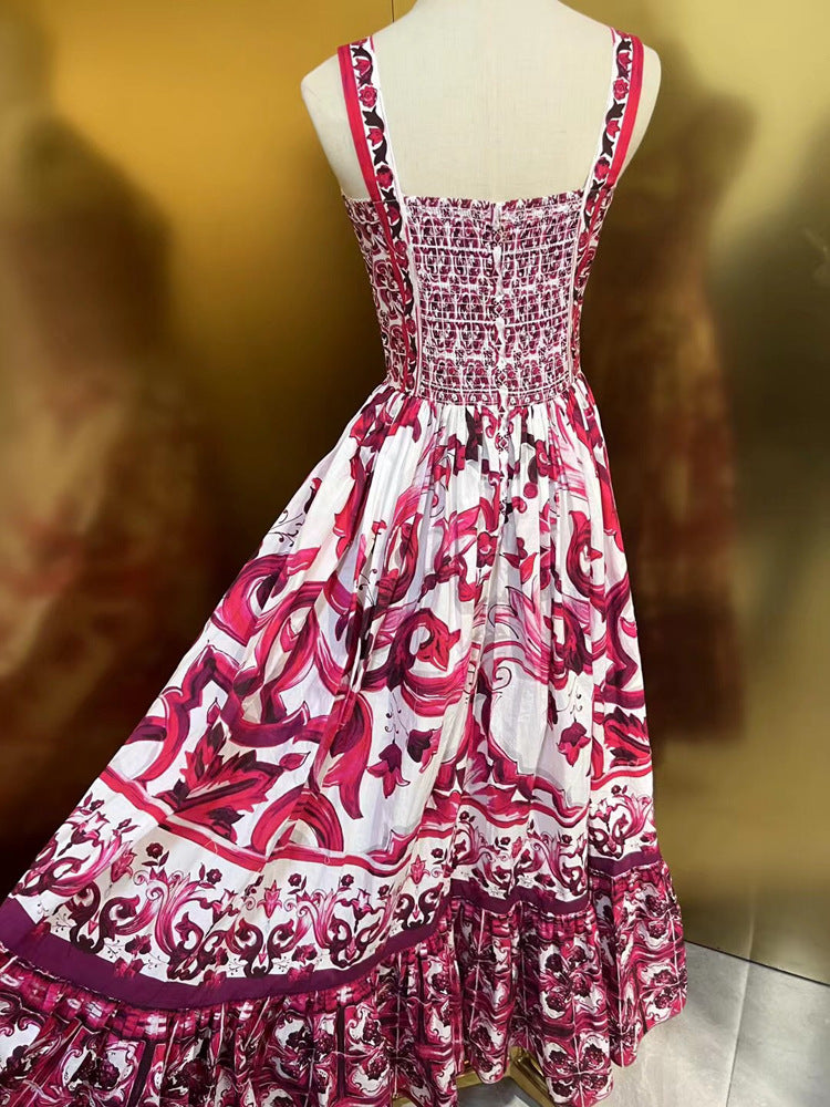 Fashion Runway Summer Women Cotton Midi Dress Spaghetti Strap Printing High Waist Big Swing Dresses 2023