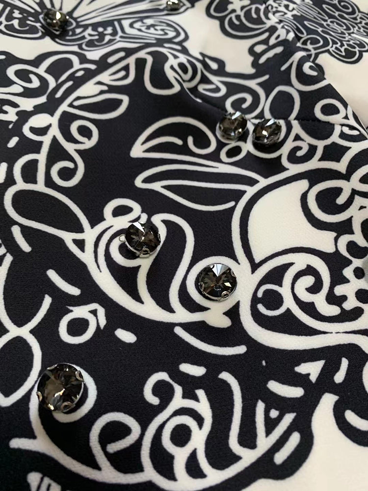 Fashion Runway Summer Mini Dress Women's Short sleeve Diamond Beads Print Loose Vintage Party Short Dress