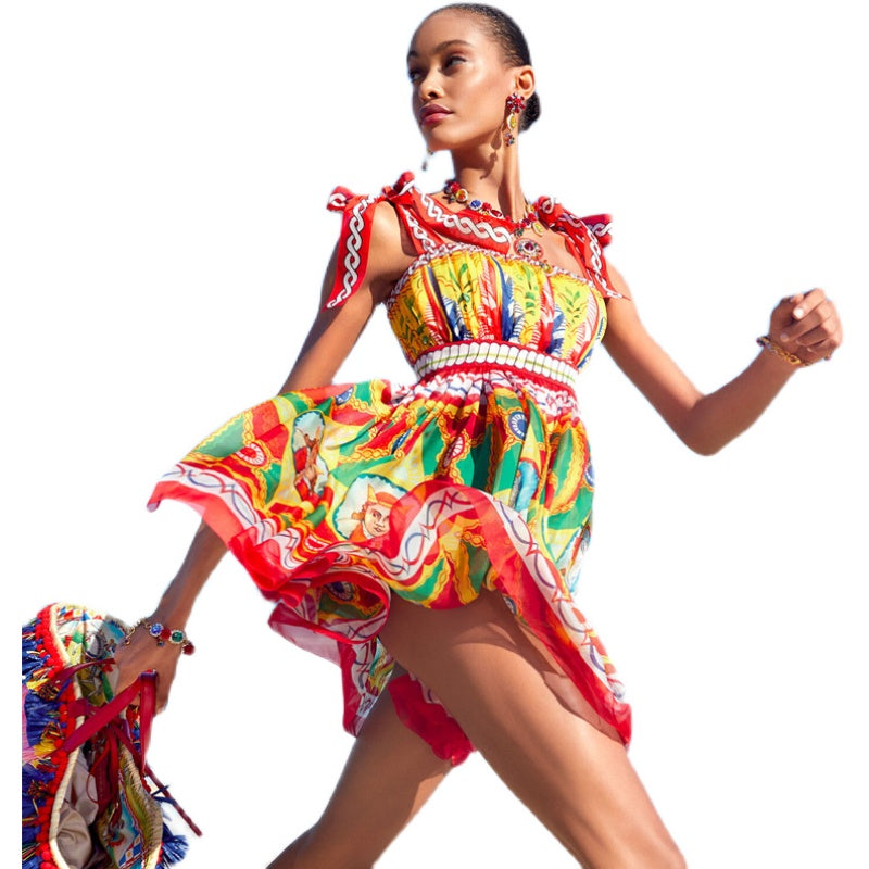 Fashion Runway Designer Inspired  Summer  Women's  "graphic" print pleated Mini dress